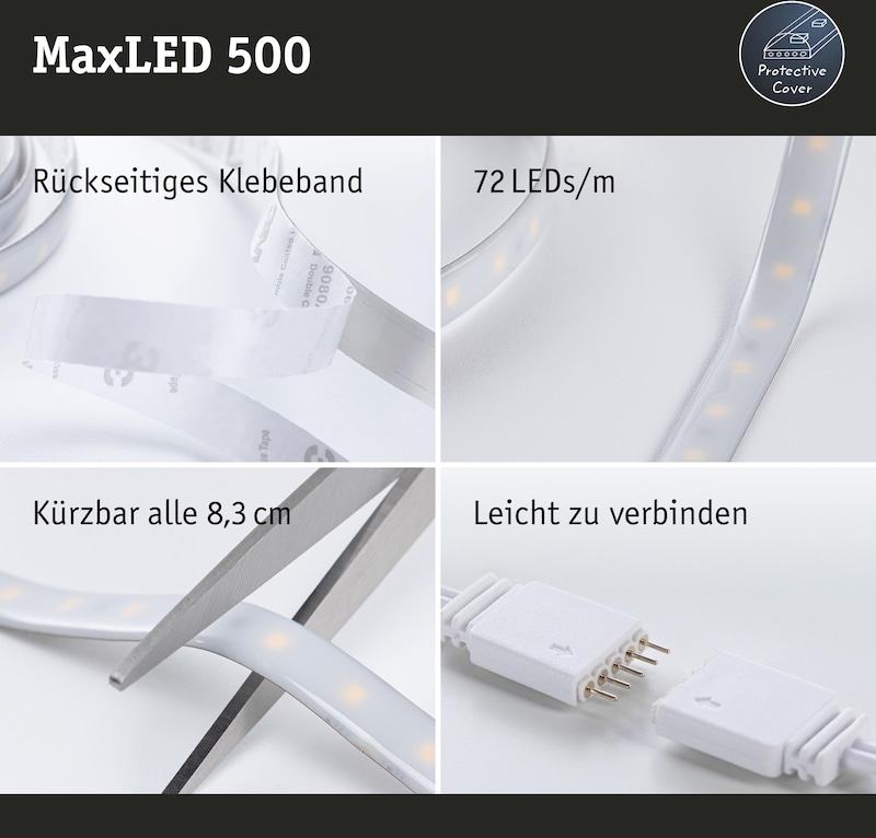 LED-Streifen mit Klebeband und Anschlusszubehör.