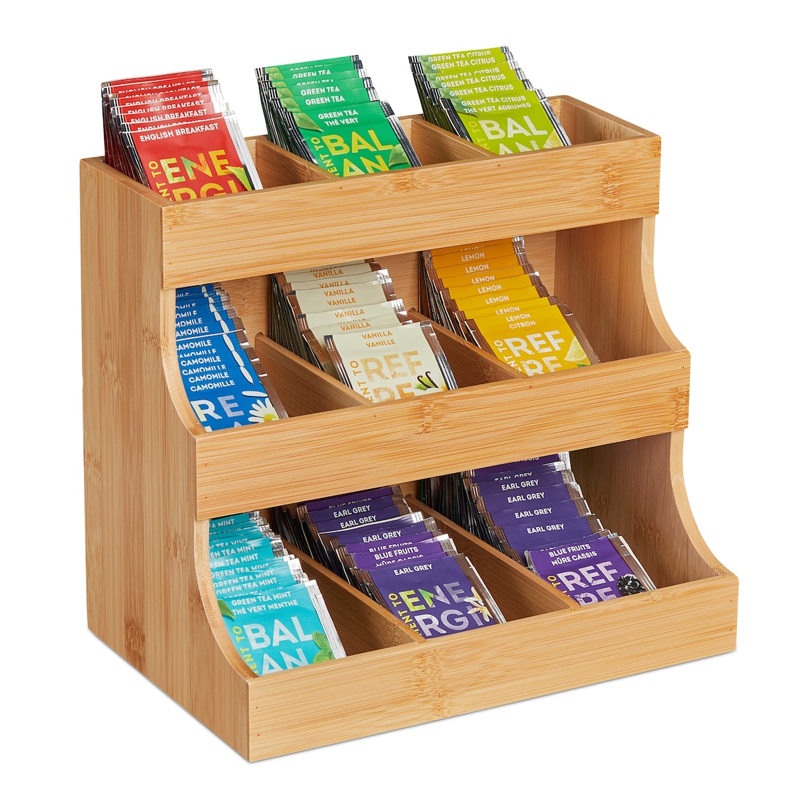 Relaxdays Tee Organizer, 9 Fächer, aus Bambus, HxBxT: 24 x 27 x 17,5 cm, Tee & Kaffeepads, Teeregal vertikal, natur