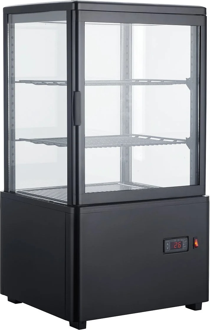Schwarzglas 4-seitig Doppeltemperatur-Getränke- und Gebäckvitrine 58 L +2/+10 °C / +30/+90 °C 44,7x40x81,9h cm