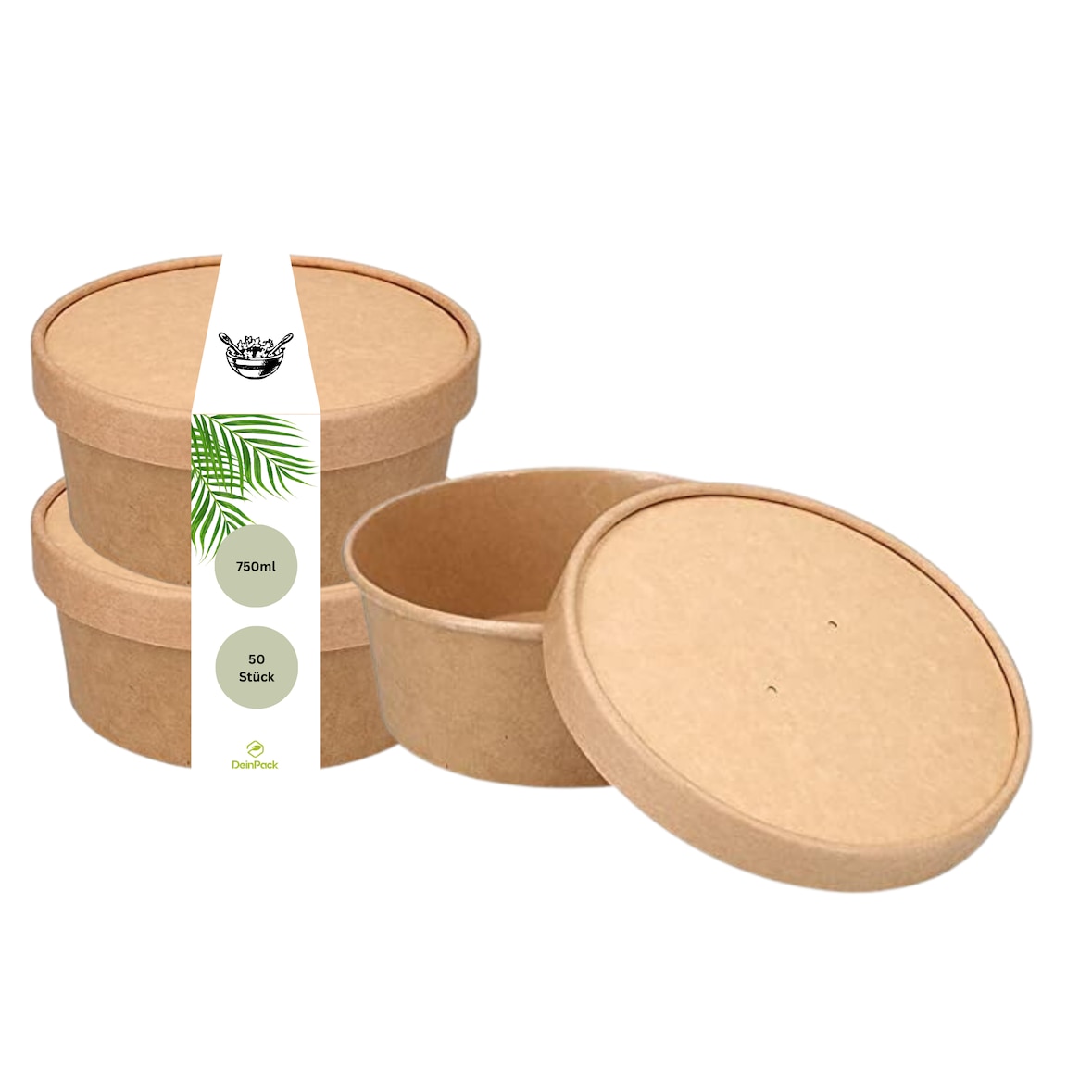 DeinPack 50 Salatschalen 750ml  to go Schalen mit Deckel braun rund