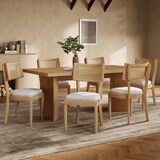 thumbnail of Esszimmerstuhl Set 6er Massivholz Rattan Rückenlehne Leinenkissen Holzfarben 88x58x50 cm stabil bequem modern für Esszimmer