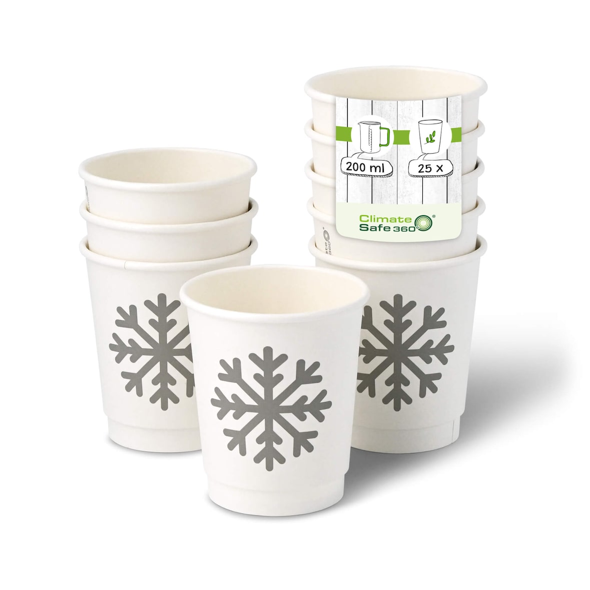 greenbox - Pappbecher doppelwandig Winter "Schneeflocke", 200 ml / 8 oz, Ø 80 mm, weiß, 25 St.