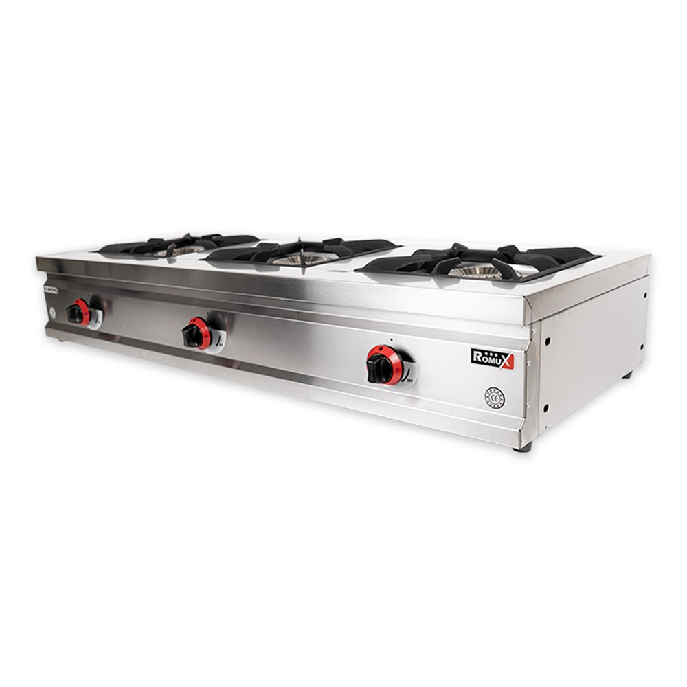Romux® Cucina Professionali a Gas 3 Fuochi 132x50 cm da Banco Orizzontale in Acciaio Inox con Regolatore di Fiamma e Termocoppia | Fornello a Gas