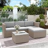 thumbnail of Merax polyrotan loungebankset, lounge tuinmeubelen, bankstel met zit- en rugkussens, loungetafel, bruin
