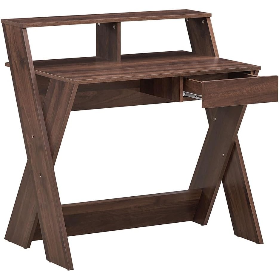 COSTWAY Computertisch mit Schublade, Schreibtisch mit Monitorerhöhung, Arbeitstisch in X-Form aus Holz für kleine Räume, Zuhause und Büro