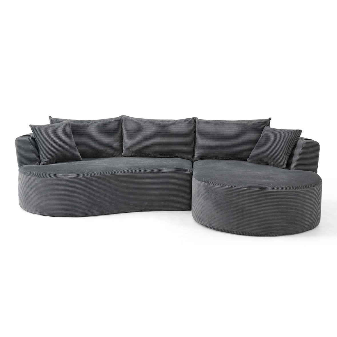 3 Sitzer Sofa Kordstoff Grau 76×264×168 cm mit rechter Chaiselongue, Bogen Design, Getränkehaltern und Kissen, vakuumverpackt