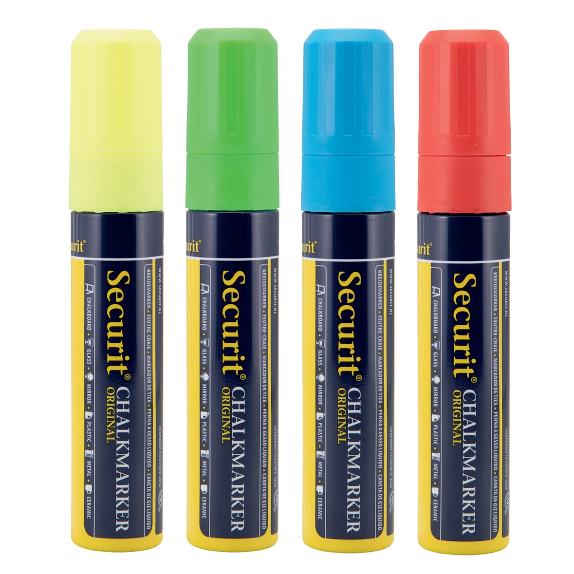 Securit® 4er-Set Flüssigkreidestifte - Gelb, Grün, Blau, Rot - Rechteckige Spitze 7-15mm