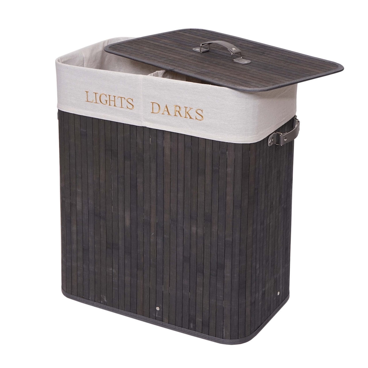 Wäschekorb HWC-C21, Laundry Wäschebox Wäschesammler Wäschebehälter, Bambus 2 Fächer 63x55x34cm 100l ~ dunkelgrau