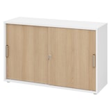thumbnail of bümö Schiebetürenschrank 2OH - Aktenschrank abschließbar, Sideboard Schrank mit Schiebetüren in Weiß/Eiche, Streifengriff - Büroschrank aus Holz mit