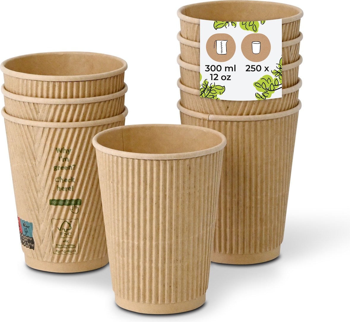BIOZOYG 250 Stück Riffelbecher 300 ml / 12 oz Kaffee To Go Pappbecher, ungebleicht braun, Einwegbecher, Nachhaltig, Biologisch Abbaubar, Einwegbecher