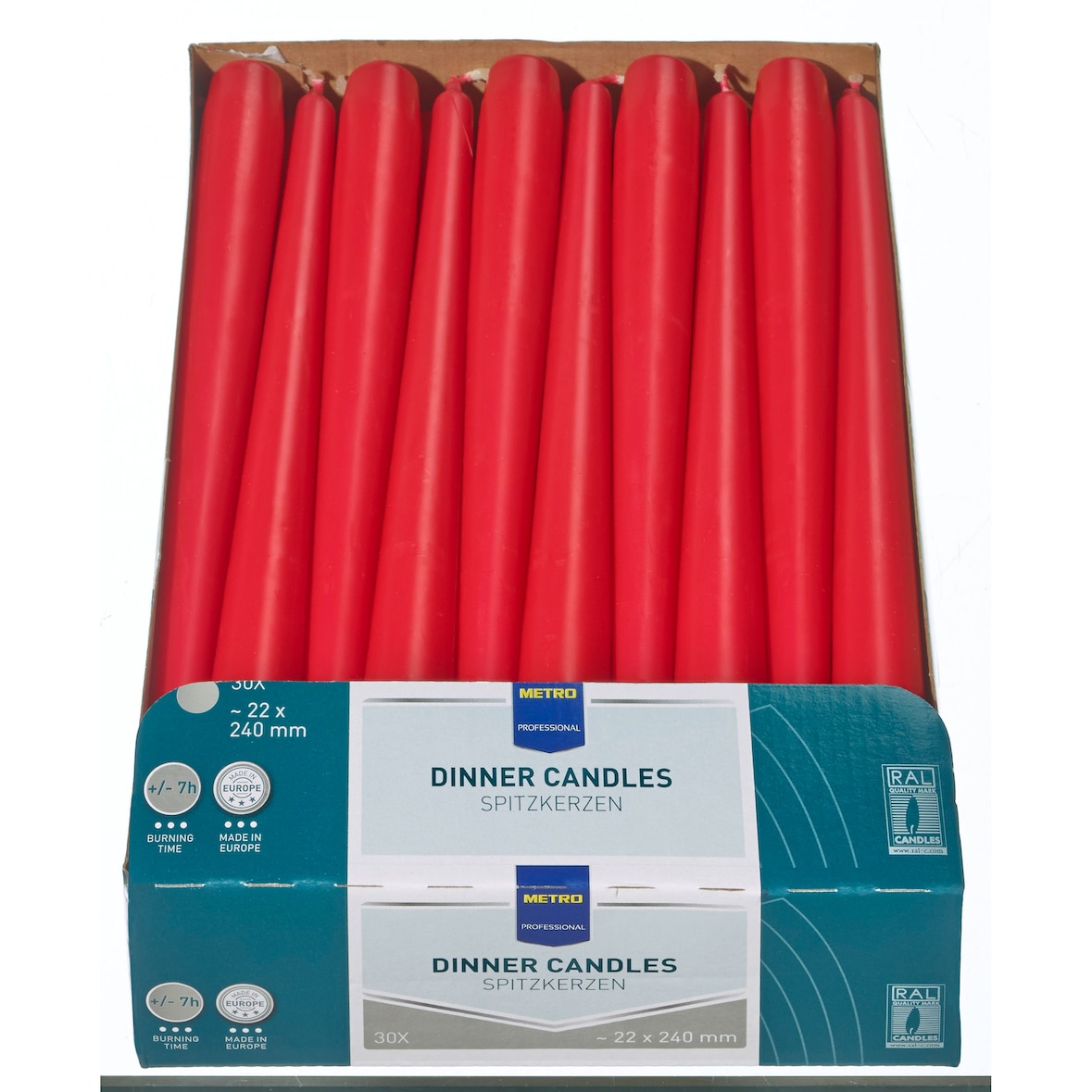 METRO PROFESSIONAL Velas de mesa, parafina, 2,2 x 24 cm, tiempo de combustión 7 horas, rojo, 30 unidades
