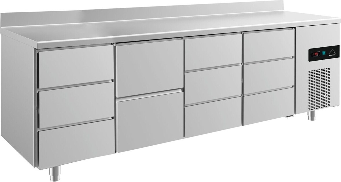 Gastro Kühltisch 2 Schubladen mittig Je 3 Schubladen links&mittig&rechts Umluftkühlung Aufkantung, 2330x700x850mm -2/+8°C  632l