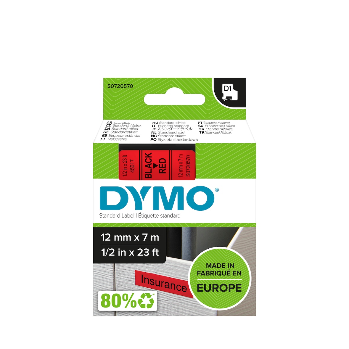 DYMO Original D1 Schriftband für Labelmanager, 12mm breite 7m Länge schwarz auf rot S0720570