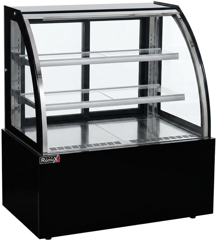 Romux® Kühlvitrine für Konditorei Standgerät 2 Böden Gebogenes Glas Schwarz 300 Liter Umluftkühlung | Professionelle Vitrinen
