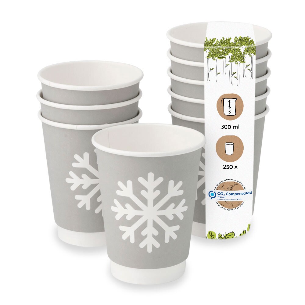 BIOZOYG 250 Stück Trinkbecher Einwegbecher, Pappbecher, 300ml / 12oz, Winterdesign mit Schneeflocken, doppelwandig für heiße Getränke, kompostierbar