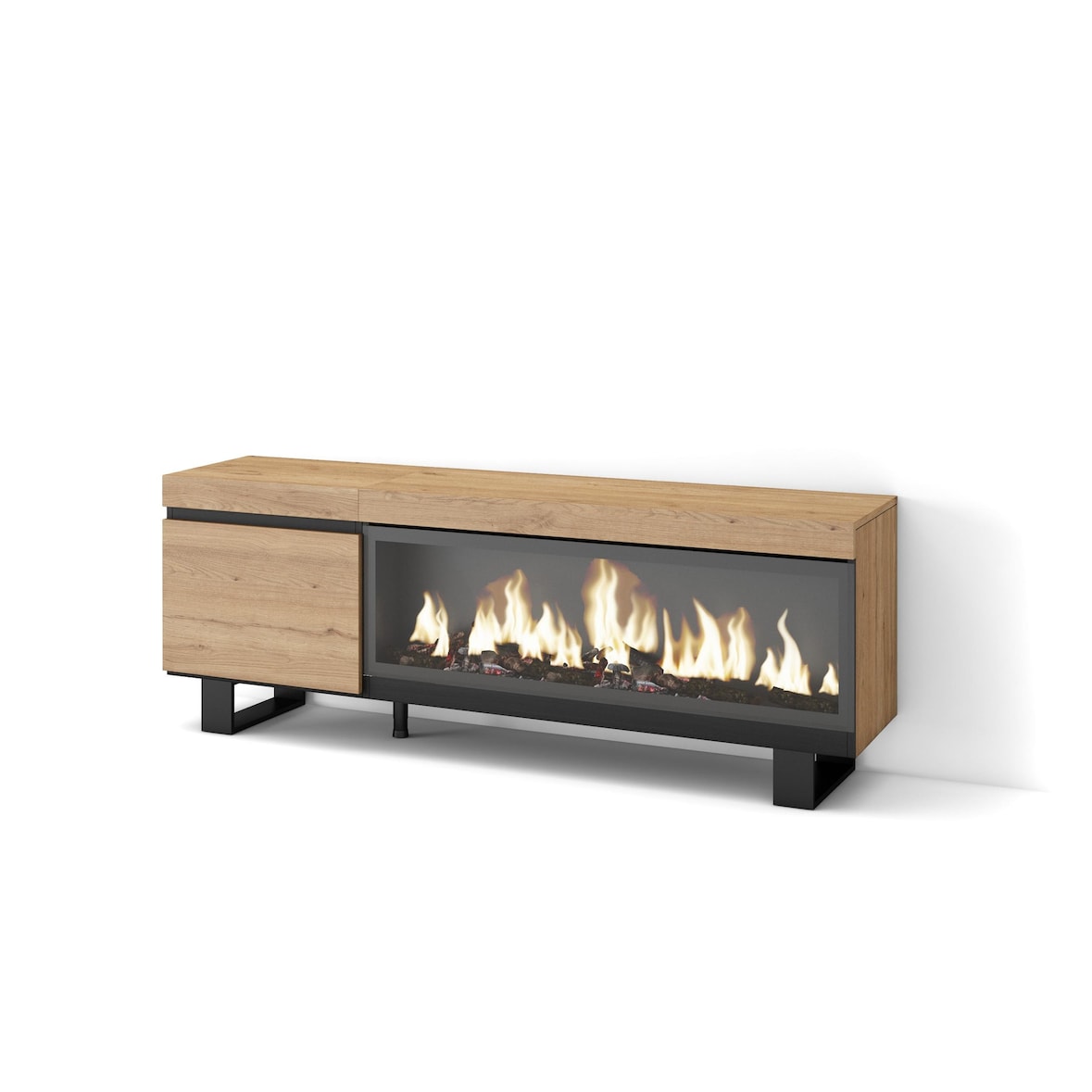 Mueble TV, Televisión, 160, Para TV hasta 65", Chimenea eléctrica XXL, Diseño industrial, Roble _422_14