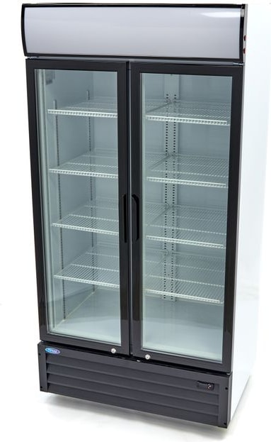 Maxima - Refrigerador para bebidas 2 puertas 800L con 8 estantes ajustables, LED y panel publicitario, puertas vidrio con cerradura, 100x72x202,3cm