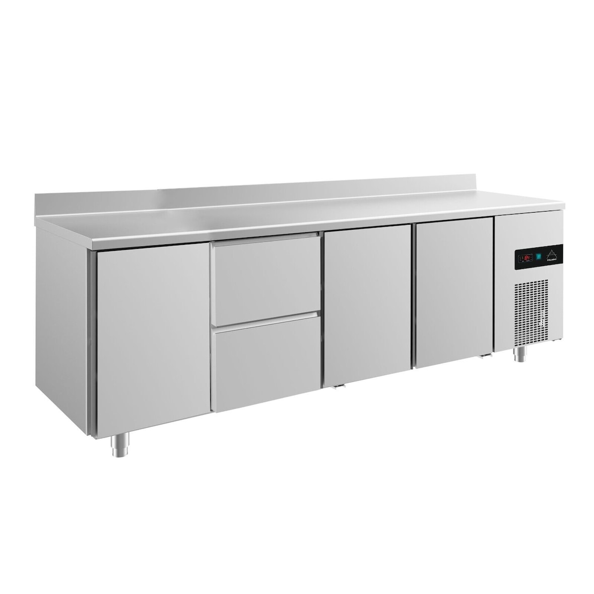 Gastro Kühltisch 3 Türen links&rechts&mittig 2 Schubladen mittig Umluftkühlung Aufkantung, 2330x700x850mm -2/+8°C 632l