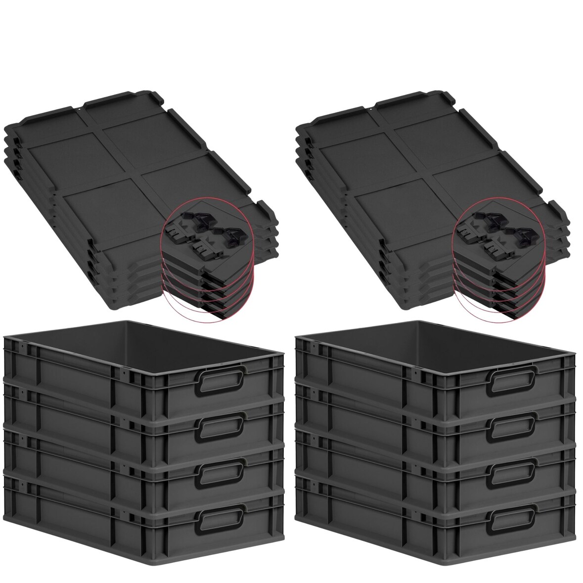 PROREGAL SuperSparSet 8x Eurobox NextGen Color mit Scharnierdeckel & Verschlüssen, HxBxT 12x40x60cm, 23L, Schwarz, Griffe schwarz zu, Eurobehälter