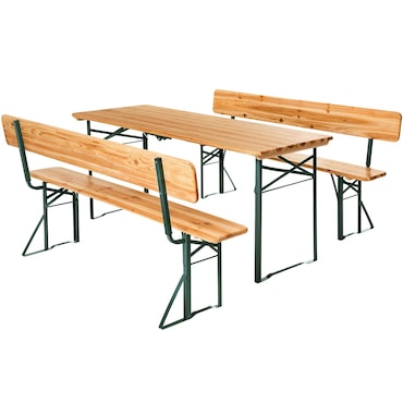 tectake Conjunto de 3 peças com mesa e bancos em madeira de abeto e aço, dobrável, estável, com encostos, madeira escura