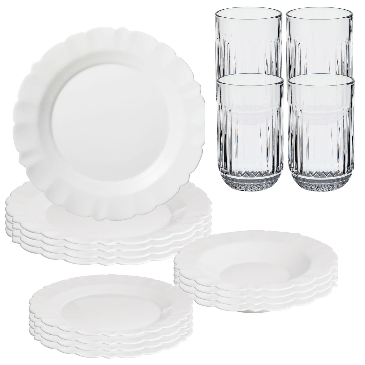 San Ignacio – 12-teiliges Geschirrset aus Opalglas Weiß mit 4 Gläsern aus klarem Kristallglas à 380 ml
