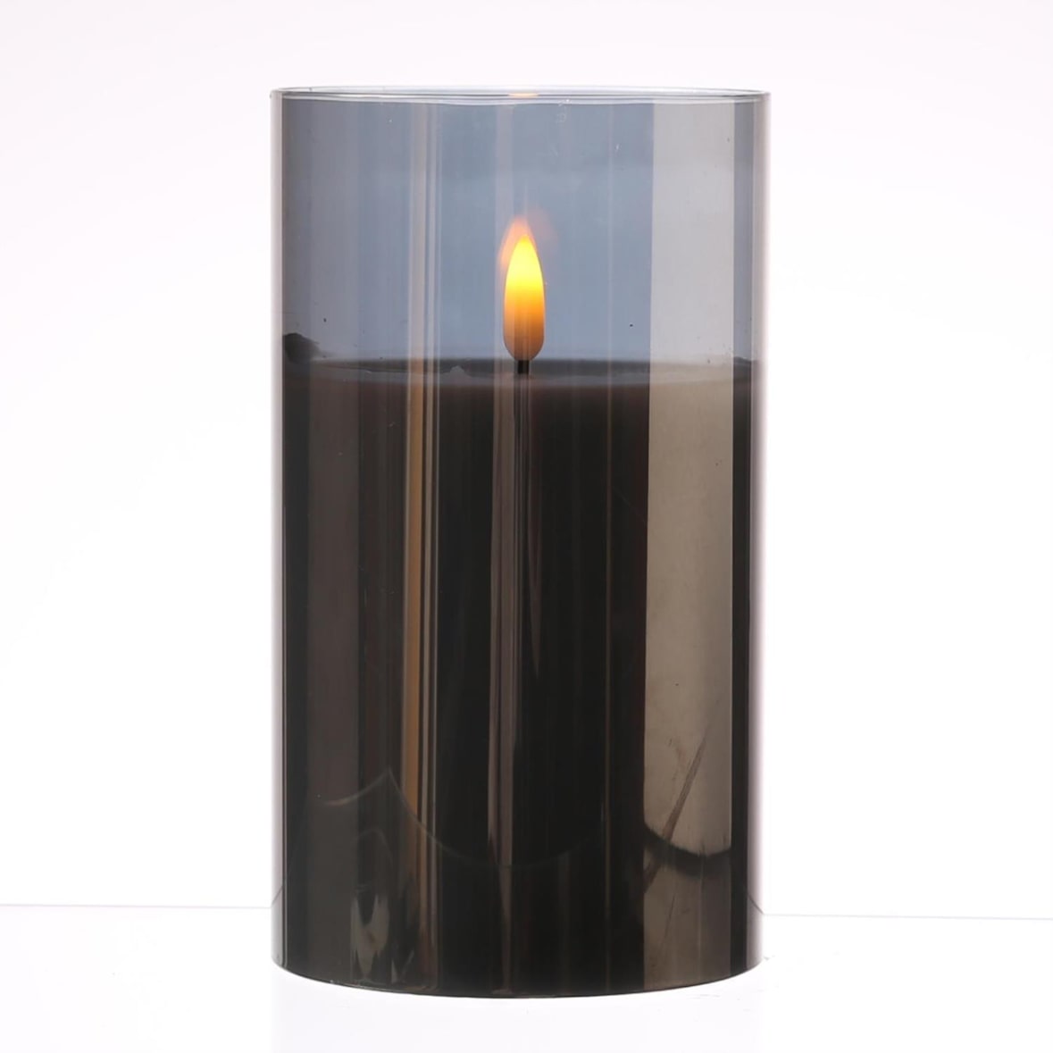 LED Kerze Windlicht Glas Echtwachs flackernd Timer H: 17,5cm rund grau anthrazit