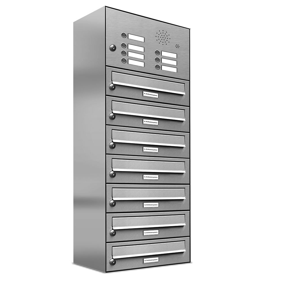 AL Briefkastensysteme 7 Fächer Premium Edelstahl Wand Briefkasten Anlage mit Klingeln, Post A4, modern, robust, wetterfest, Artikelnummer: 132V7EA1KS
