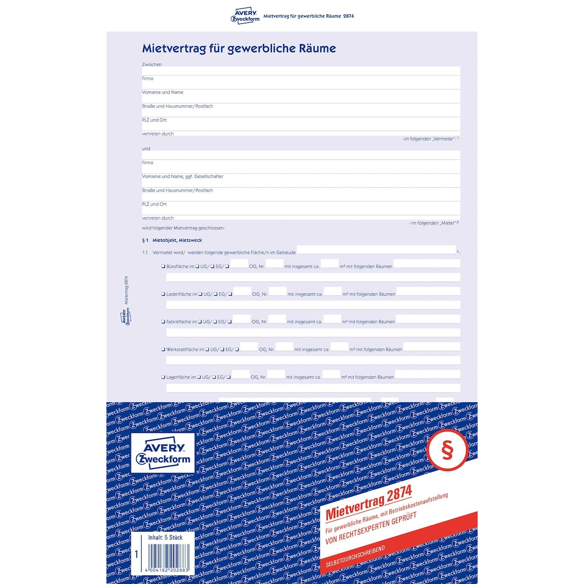 Mietvertrag gewerbliche Räume A4 selbstdurchsch 1 Pack = 5 Stück, blau