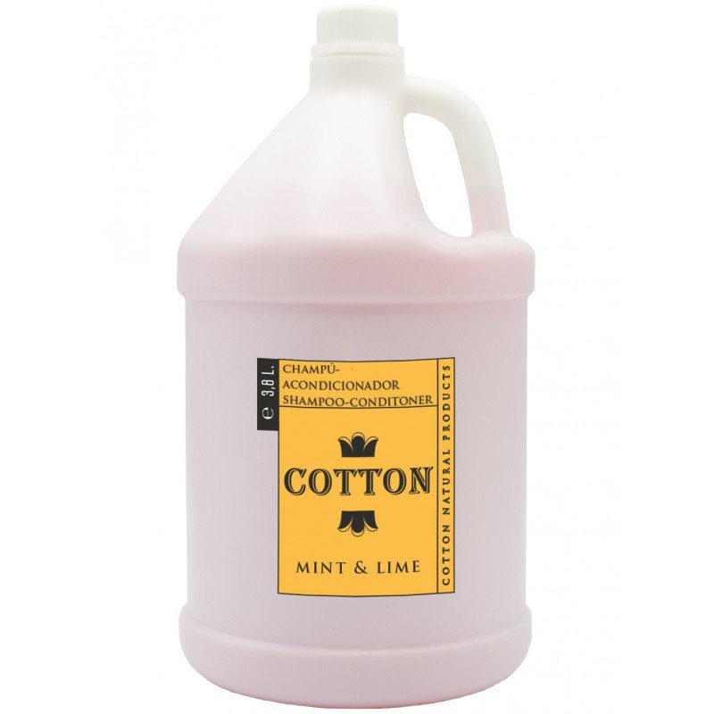 Cotton 2-in-1 Shampoo & Conditioner Kanister 3.8L, cremefarbenes Produkt, sanfter Duft, halbtransparenter Behälter.