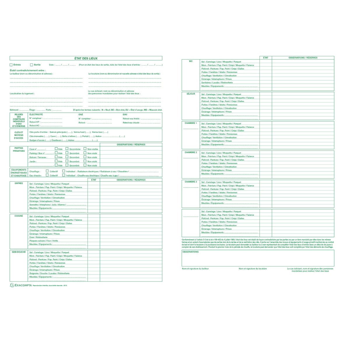Exacompta - Réf. 46E - Paquet de 50 Liasses État des lieux d'entrée et sortie (tous contrats d'habitation) - Blanc