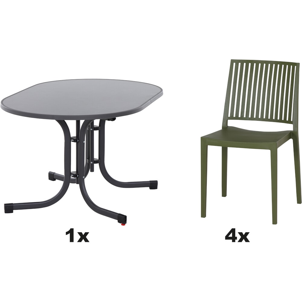 SIENA GARDEN Urban Lights Set 5teilig Lane Stuhl gastrotauglich olive mit Tisch Paco 140x90