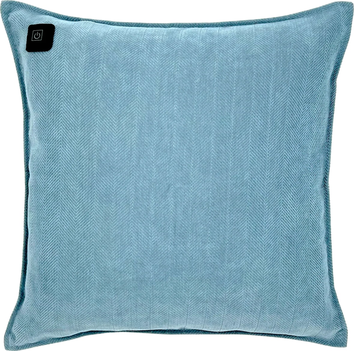 Ein hellblaues Kissen mit einem Muster.