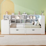 thumbnail of L-förmiges Holz-Plattformbett 90x200 mit Schreibtisch und Bücherregal, platzsparendes Tagesbett, multifunktionales Bettgestell, modernes Design, Weiß