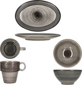 thumbnail of Mäser Prospero 18tlg Frühstücksset Porzellan braun Relief Platten Schalen Becher