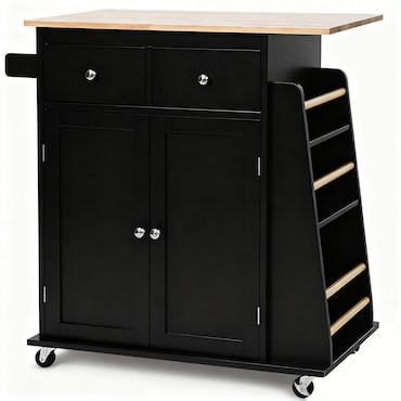 COSTWAY Carro de Cocina con Encimera, Isla de Cocina Móvil de Madera de Caucho con Soporte para Toallas, Estante Ajustable y 2 Cajones