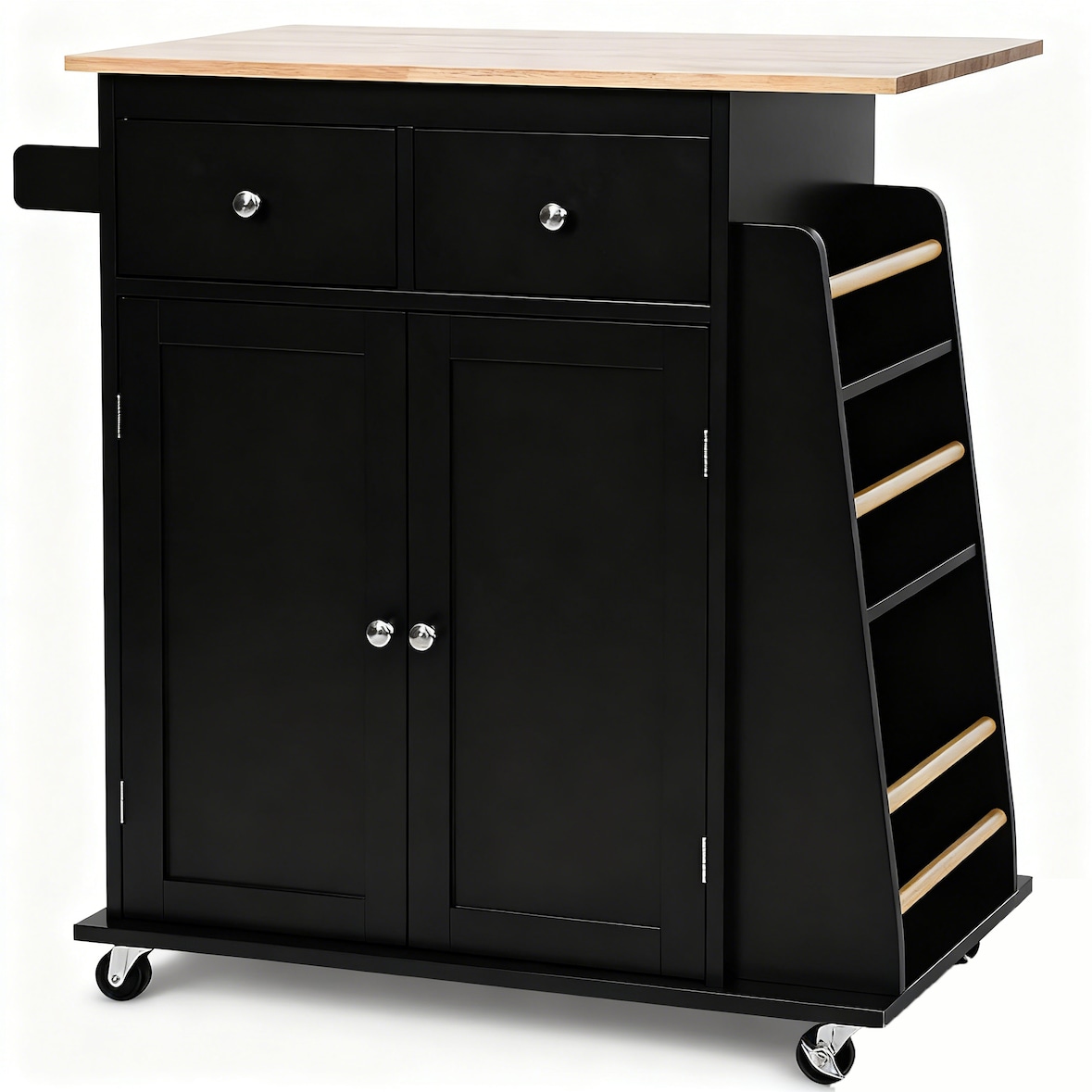 COSTWAY Carro de Cocina con Encimera, Isla de Cocina Móvil de Madera de Caucho con Soporte para Toallas, Estante Ajustable y 2 Cajones