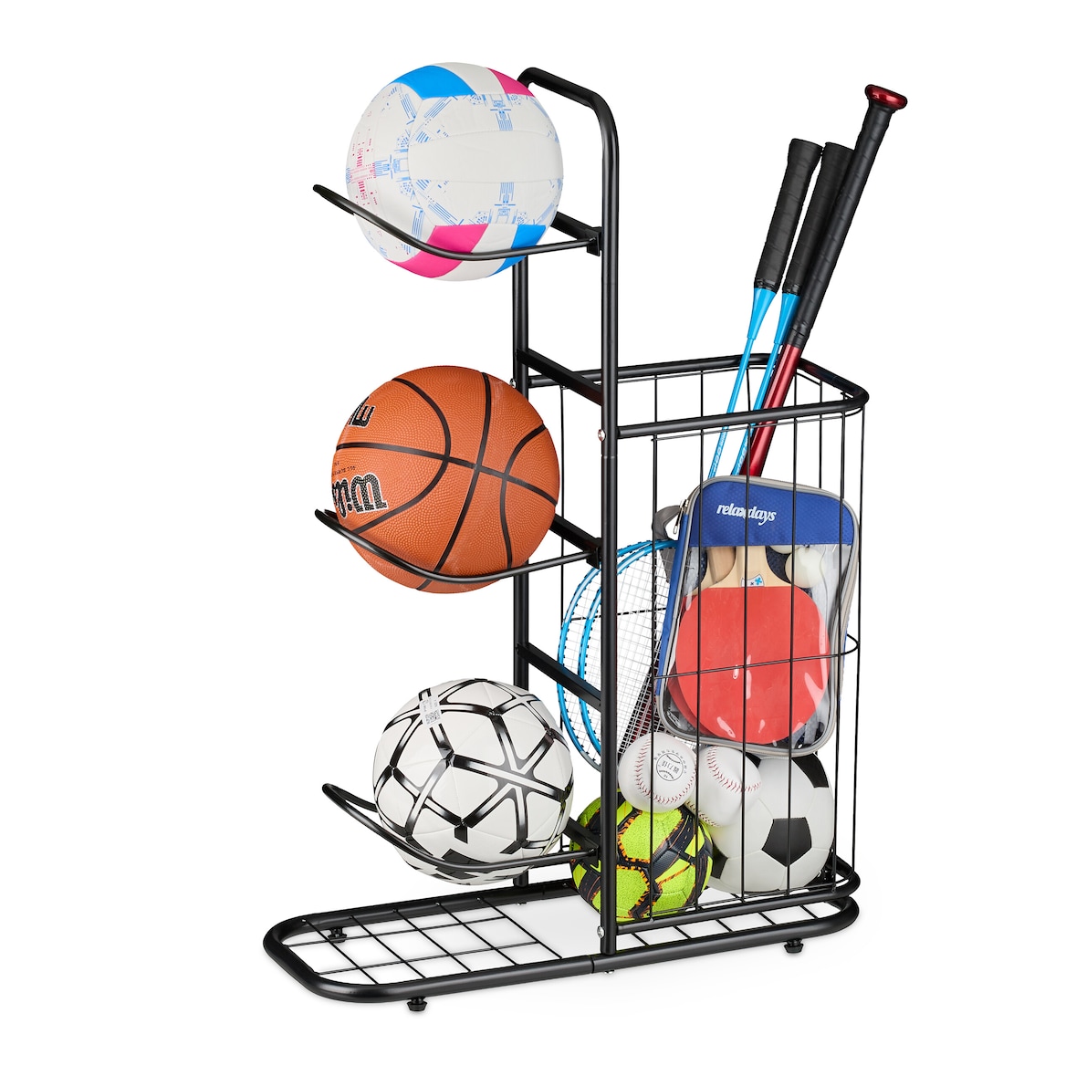 Relaxdays Ballständer, 3 abnehmbare Ballhalterungen, für Basketball, Fußball, Sportgeräteregal mit Korb, Metall, schwarz