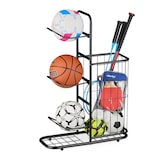 thumbnail of Relaxdays Ballständer, 3 abnehmbare Ballhalterungen, für Basketball, Fußball, Sportgeräteregal mit Korb, Metall, schwarz