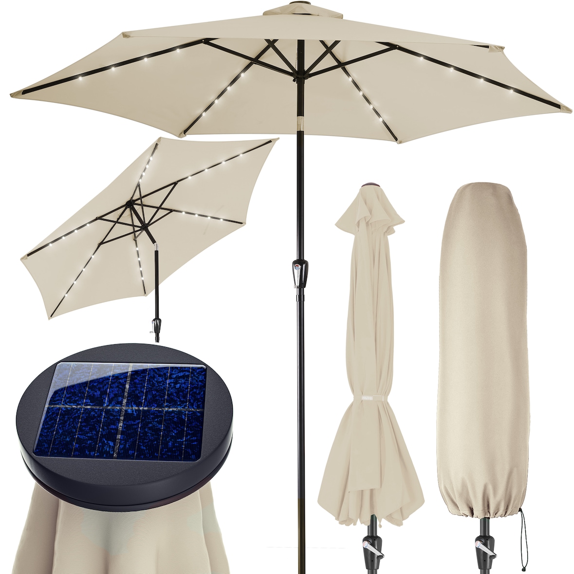 Kingsleeve Sonnenschirm 270 cm mit LED Beleuchtung UV Schutz 80+ Schutzhülle Solar Neigbar Kurbel Beige