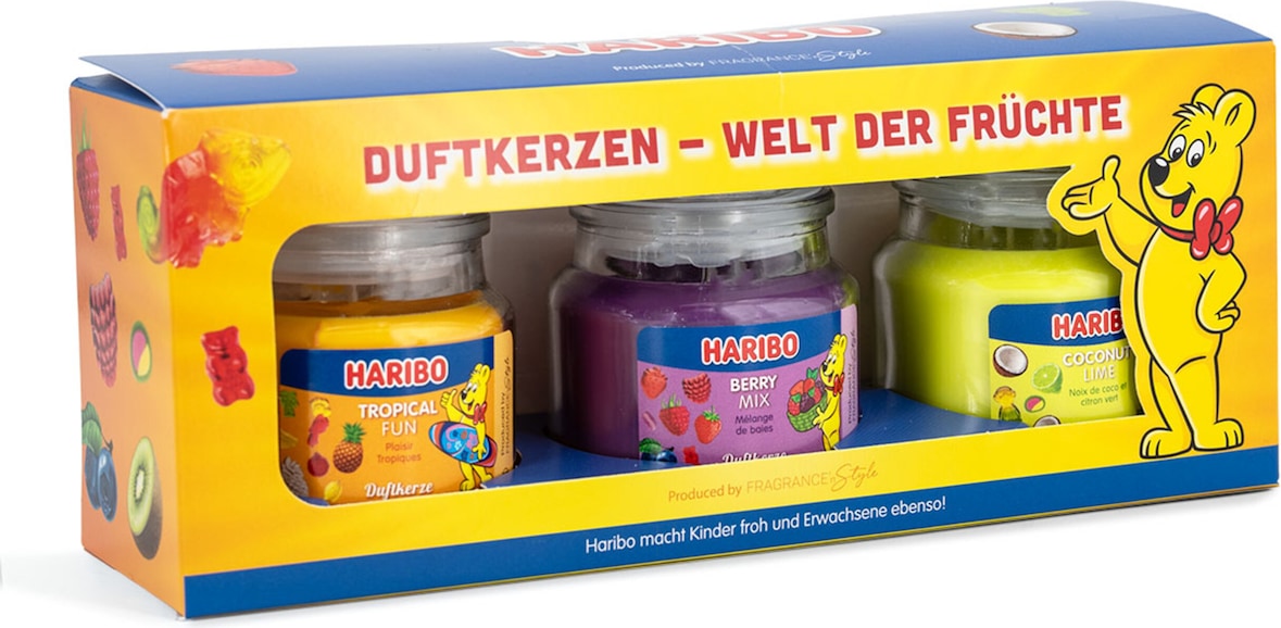 Haribo™ Duftkerzen Geschenkset, 3er Set Kerzen im Glas, je 85 g, Paraffinwachs, Geschenkidee, rot/gelb/lila