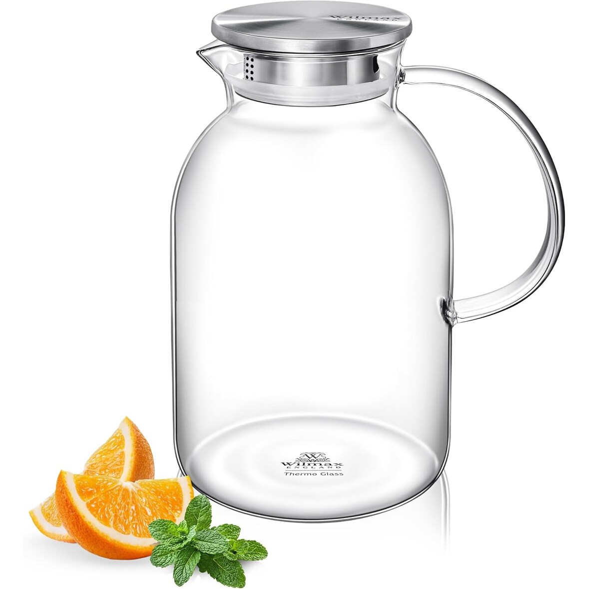 Wilmax Borosilikat Glas Krug mit Edelstahl-Deckel, 2100ml