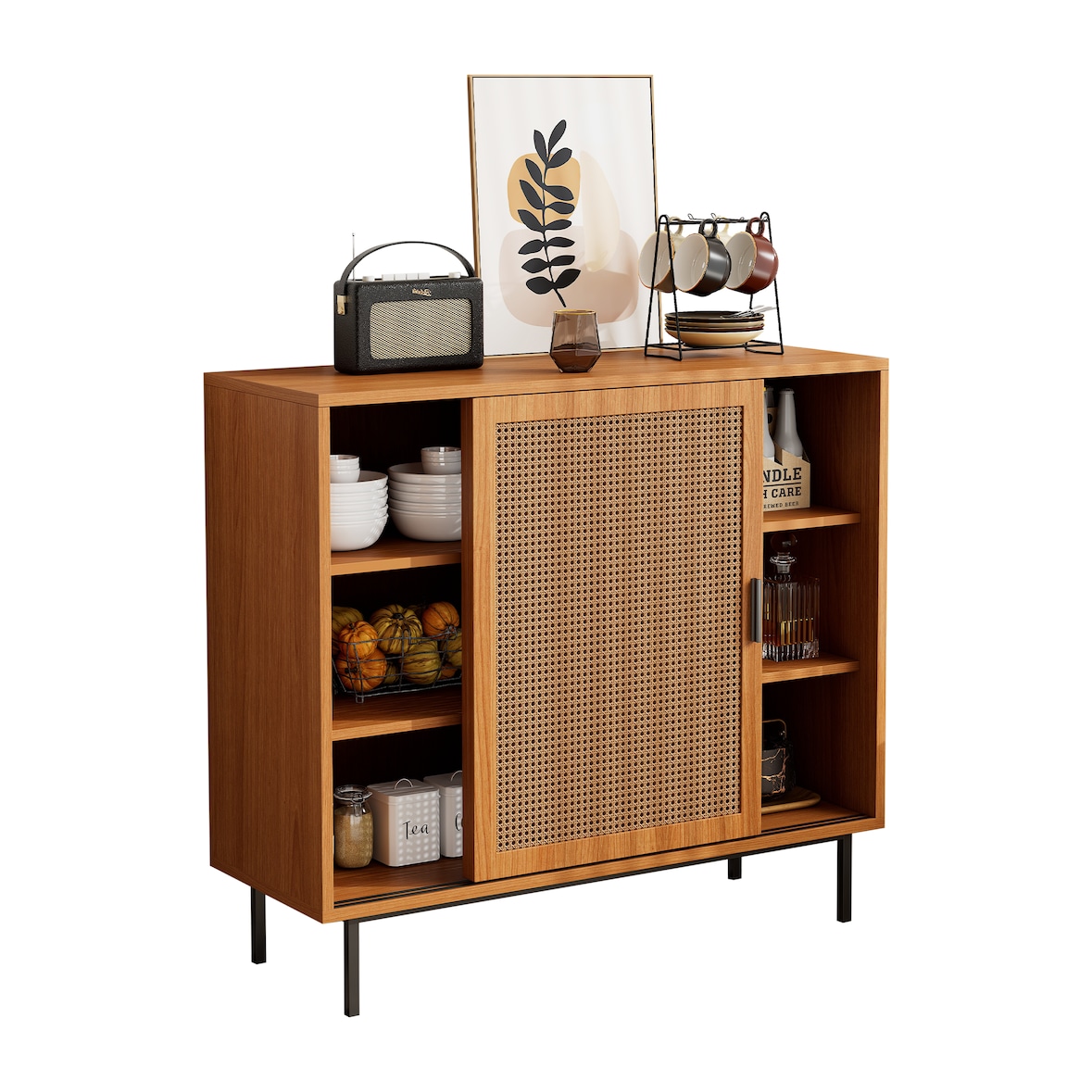 Sideboard Kommode Anrichte 100x37x90 vielseitiger Stauraum mit Rattan-Schiebetüren höhenverstellbaren Ablagen robustes Holzdesign Walnuss