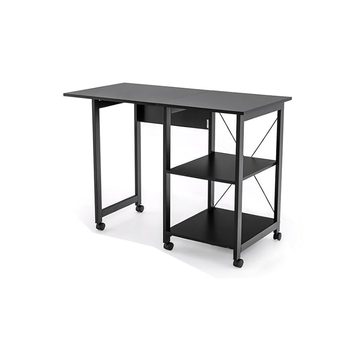 COSTWAY Escritorio para Computadora Plegable, Escritorio Moderno con 2 Compartimentos de Almacenamiento y 6 Ruedas, Mesa para PC, Mesa para Portátil