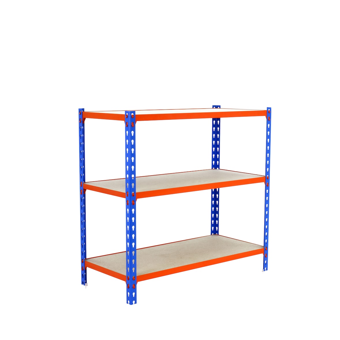 Schroefloos metalen rek Maderclick 3 planken. Kleur blauw/oranje/hout 900x1100x400 mm