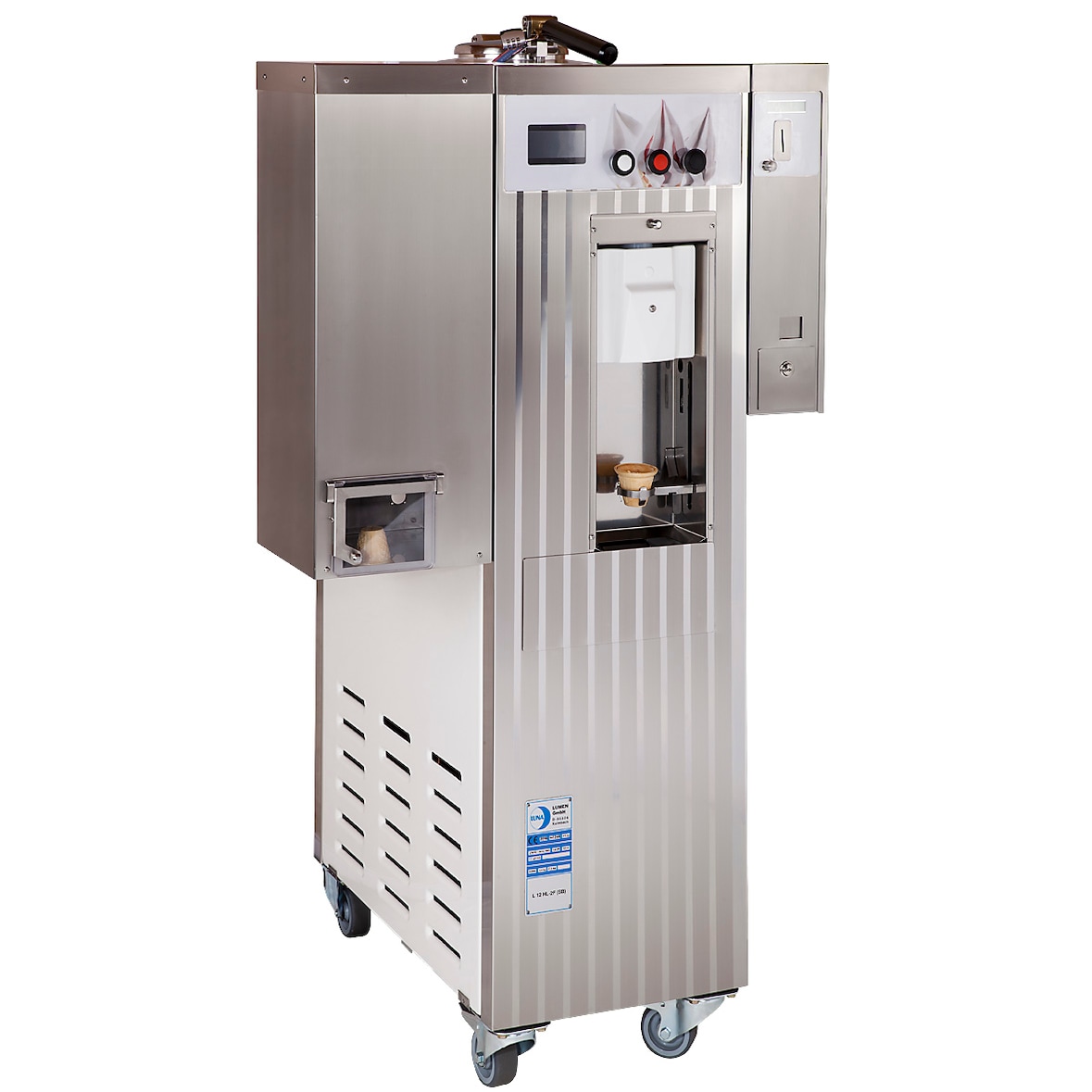 Máquina de helados soft con pasteurizador 100% automático, dispensador de conos, dispensador de fichas y tarjeta azul LUNA O GUSTOCONCEPT