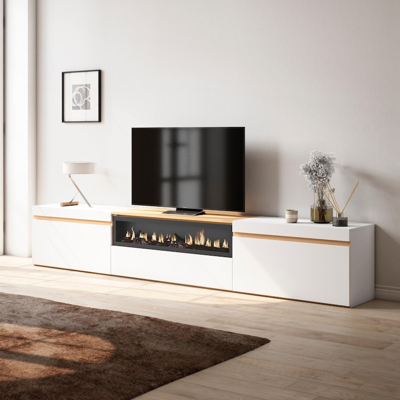 Skraut Home | TV-Meubel, Lowboard | Woonkamer, Eetkamer | 288x45x35 cm | Groot formaat TV | Elektrische haard XXL | Hangend | Moderne stijl | Zwart