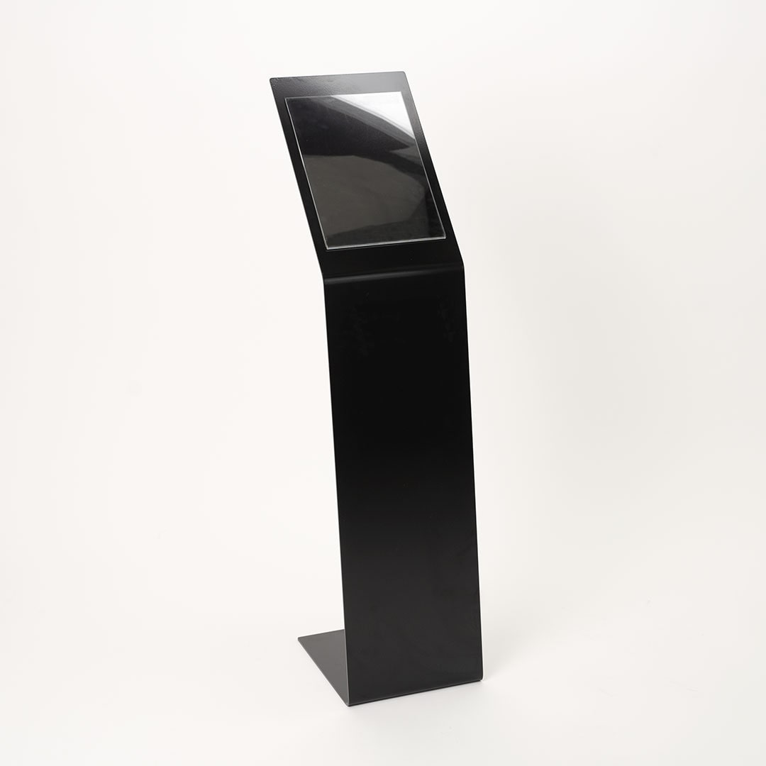 Danieli Store | Expositor publicitario de pie con atril con bolsillo tamaño A4 Vertical | Soporte de metal negro con base en forma de L