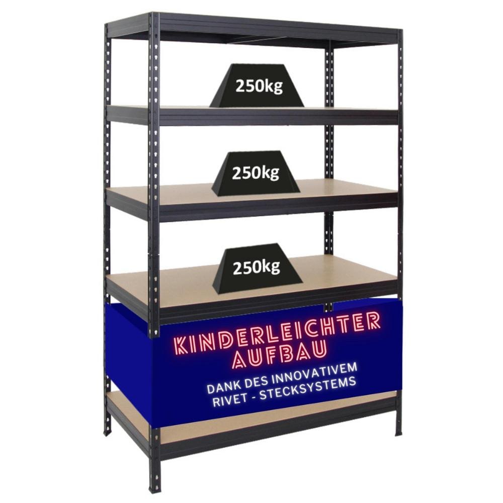 PROREGAL Schwerlastregal Rivet HxBxT 180x120x60cm Fachlast 250kg, Innovatives Stecksystem, Schwarz, Garagenregal, Lagerregal, Steckregal, Kellerregal