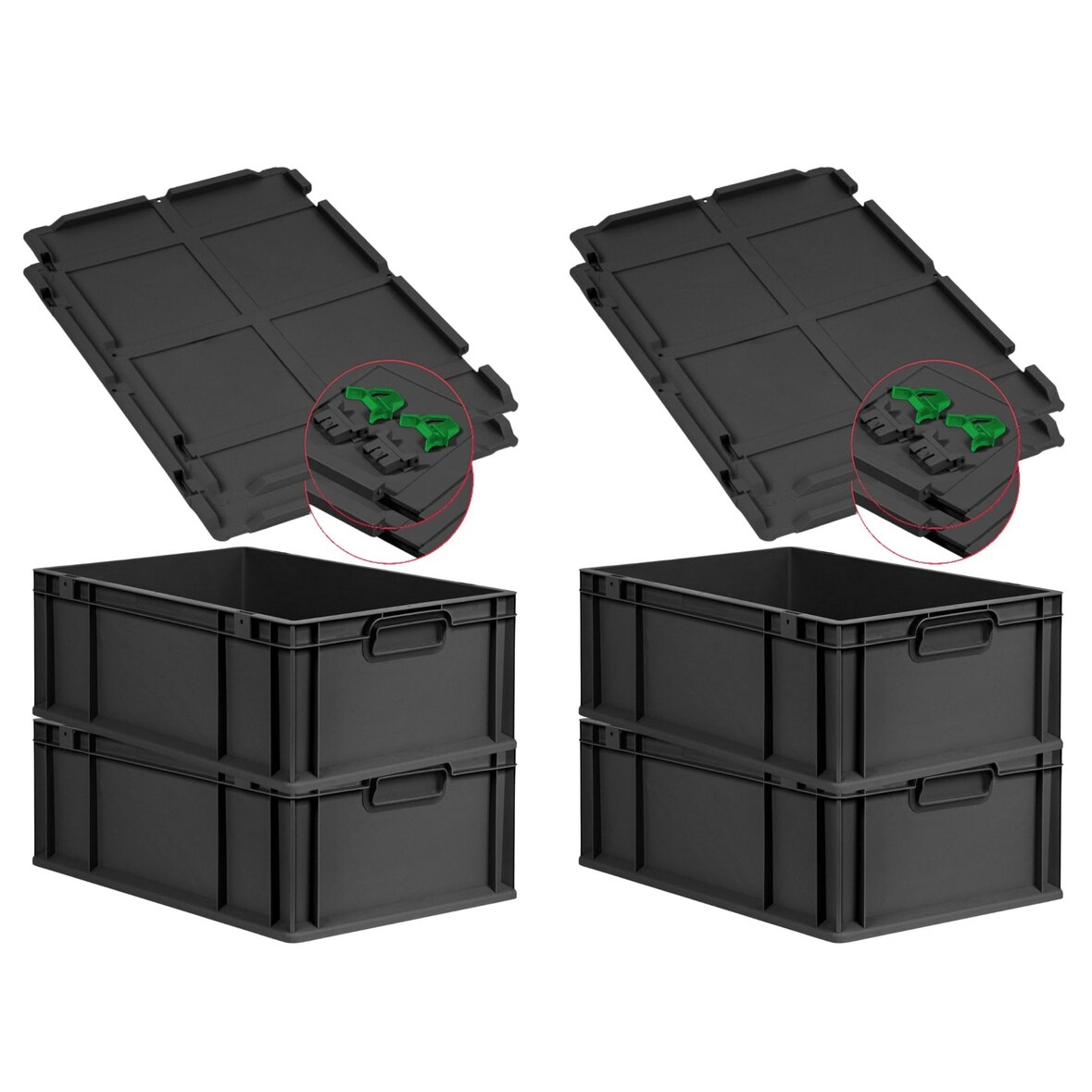 PROREGAL SuperSparSet 4x Eurobox NextGen Grip mit Scharnierdeckel & grünen Verschlüssen, HxBxT 22x40x60cm, 44L, Schwarz, Griffe zu, Eurobehälter
