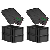 thumbnail of PROREGAL SuperSparSet 4x Eurobox NextGen Grip mit Scharnierdeckel & grünen Verschlüssen, HxBxT 22x40x60cm, 44L, Schwarz, Griffe zu, Eurobehälter